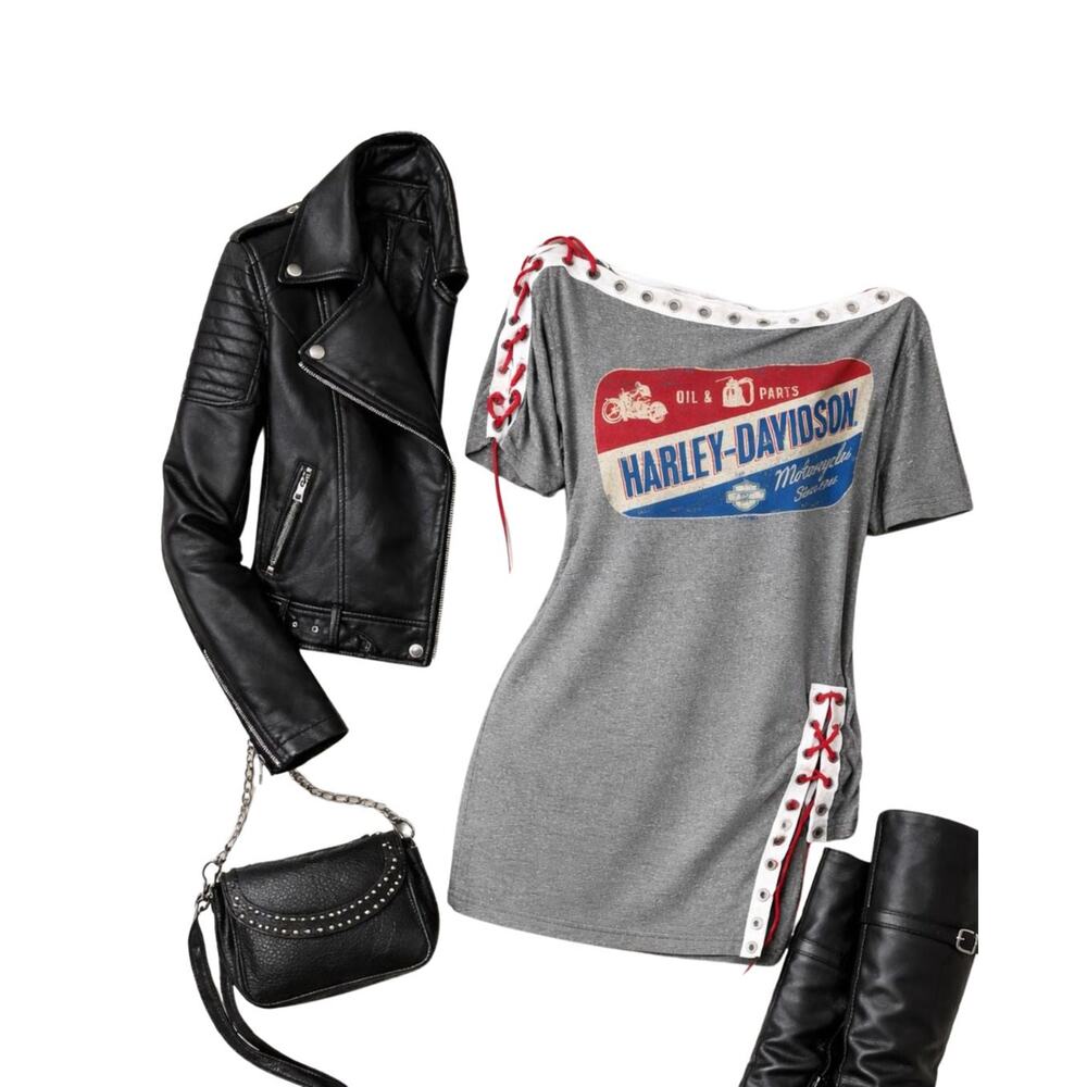Upcycled Lace Up Harley Davidson Tee